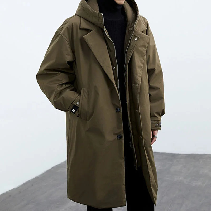 New winter mid-length faux two-piece hooded trench coat/parkor for men, plus size, warm outerwear.