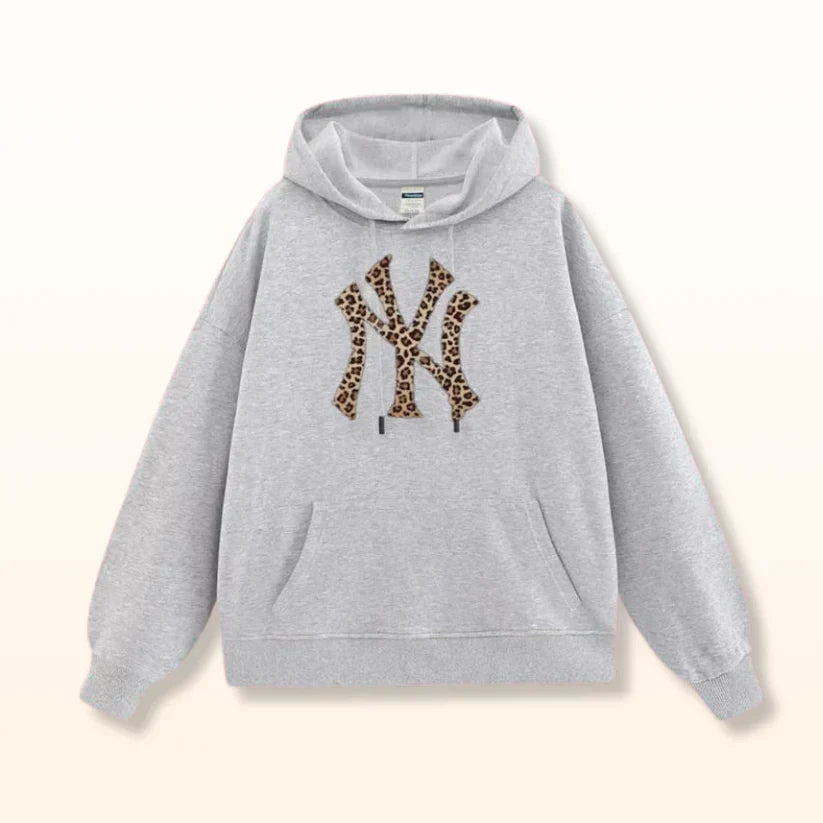 Unisex Black Hoodie with Leopard-Print Monogram Graphic – Oversized Streetwear Style