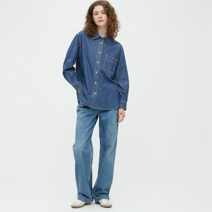 Relaxed Fit Denim Button-Up Shirt for Women